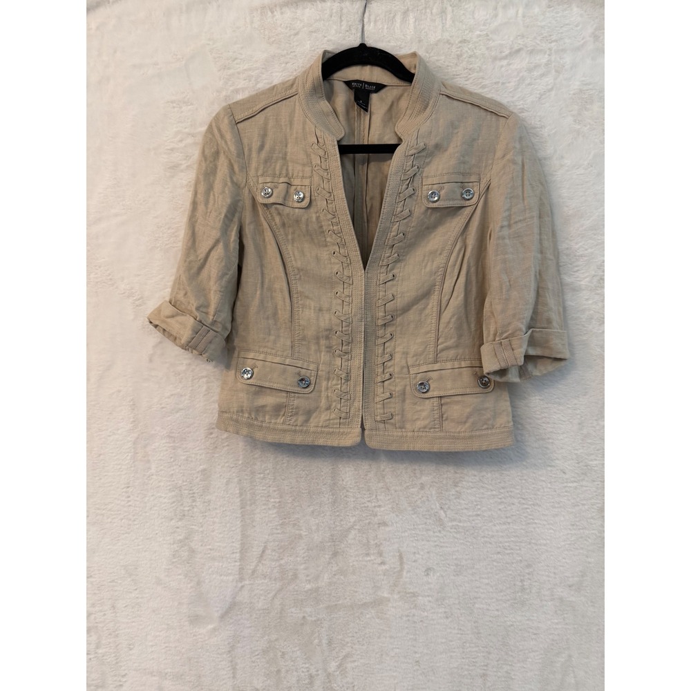White House Black Market Linen Jacket Womens 6 Tan Lace Up Blazer 3/4 Sleeve